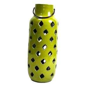 Green Pierced Pottery Jug Style Candle/Votive Holder w/ Metal Handle 15.25” Tall